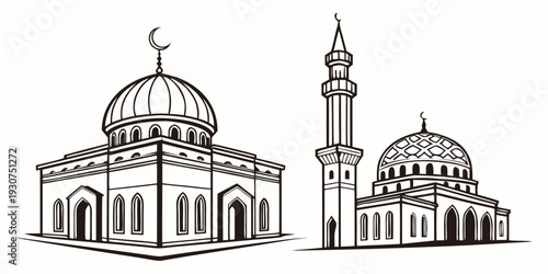 Two intricately designed mosques with domes and minarets illustrated in black and white.