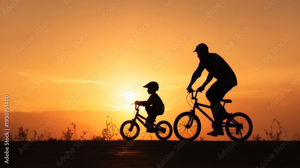 Obraz premium Man and a child are riding bicycles in a field at sunset. The silhouettes of the two people and their bikes create a sense of warmth and nostalgia. The setting sun casts a golden glow over the scene