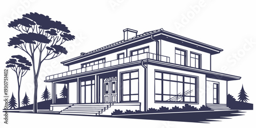 A charming, modern house with a large front yard and a tree in the background.