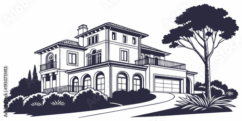 A large, elegant, two-story house with a garage and a tree in the front yard.