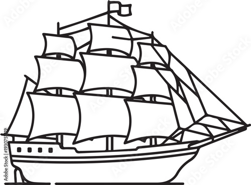 A black and white line art drawing depicts a large, fully rigged sailing ship with multiple square sails fully deployed on the water.