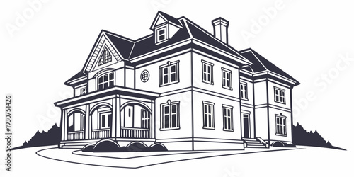 A large, elegant two-story house with intricate architectural details and a symmetrical facade.