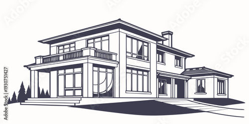 Modern two-story house with large windows and a spacious driveway