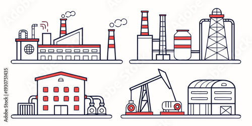 Illustration of various industrial factories and oil rigs in a simple line art style