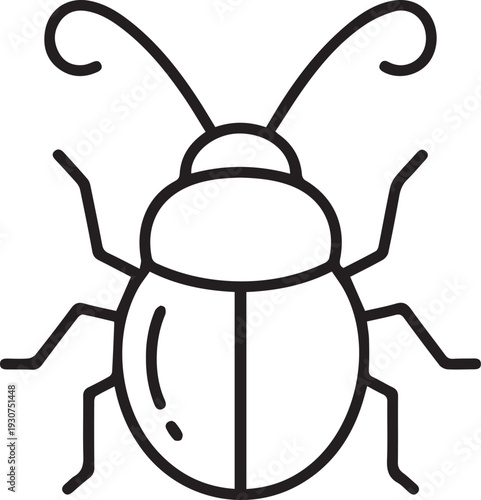 Simple black and white line art icon depicts a small, stylized beetle insect with antennae on a white background.