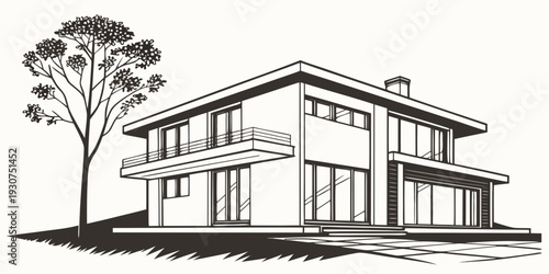 A modern house with a unique design and a tree in the front yard