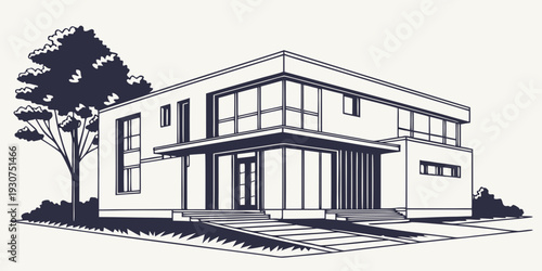 Modern two-story house with large windows and a small tree in the front yard