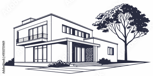 A modern two-story house with a large window and a tree in the front yard.