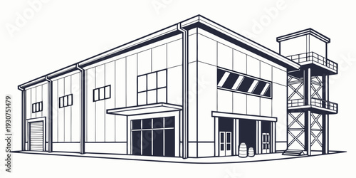 Modern industrial building with large windows and loading docks