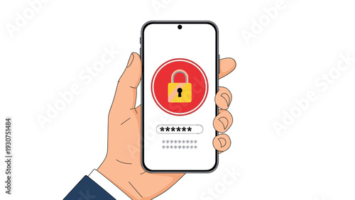 Hand holds a modern smartphone displaying a secure lock screen with a password prompt and a padlock icon for data privacy protection.