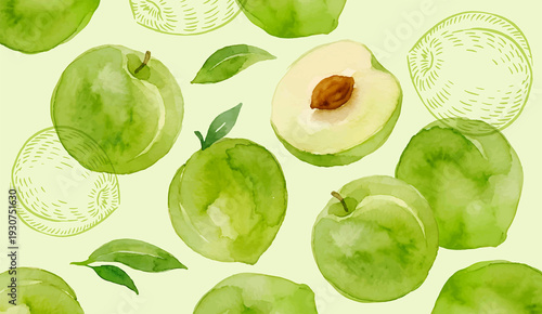 Watercolor Green Plum Seamless Pattern with Leaves Botanical Fruit Illustration
