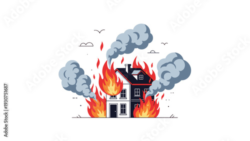 Two-story house is engulfed in bright orange flames and thick grey smoke during a dangerous structural fire event in a suburban area.