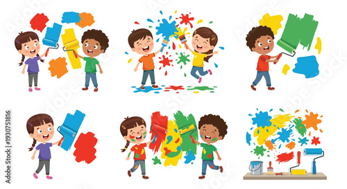 Children joyfully painting with vibrant colors and paint rollers