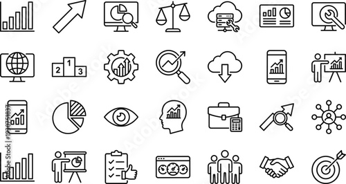 Business Analytics and Market Research Line Icons Set with Growth Chart, Data Analysis, Strategy Planning, Financial Report and Performance Monitoring Concepts