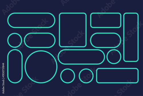 Neon glass frame set. Glowing UI shapes transparent vector. Futuristic buttons components vector illustration. 