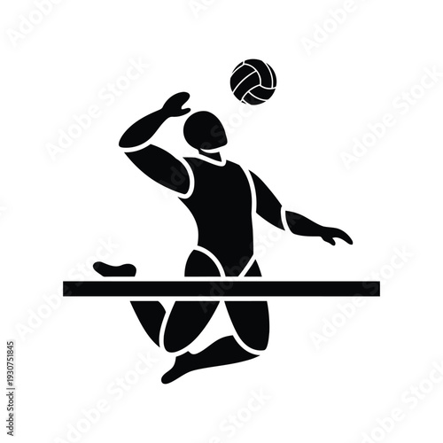 Volleyball player silhouette vector jumping and spiking ball isolated on white background