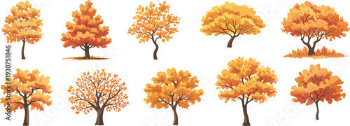 Collection of ten illustrated autumn trees with colorful foliage in shades of orange, yellow, and red, showcasing seasonal nature change and diverse artistic styles