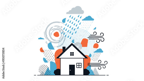 House icon is surrounded by various weather symbols like wind rain and clouds to represent home insurance against natural disasters.