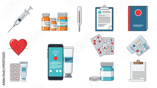 Comprehensive collection of healthcare icons including a syringe, pill bottles, and a digital health app on a clean white background.
