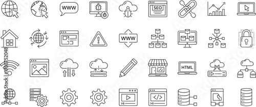 Web Development and SEO Line Icons Set with Website Optimization, Cloud Computing, Digital Marketing, Coding, Analytics and Online Security Concepts