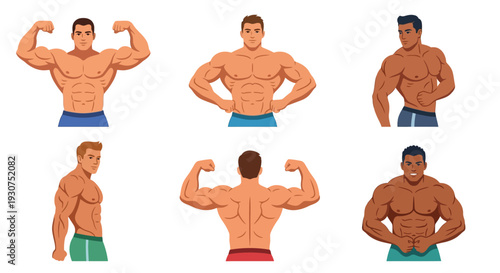 Illustration of six muscular men in various poses displaying physique