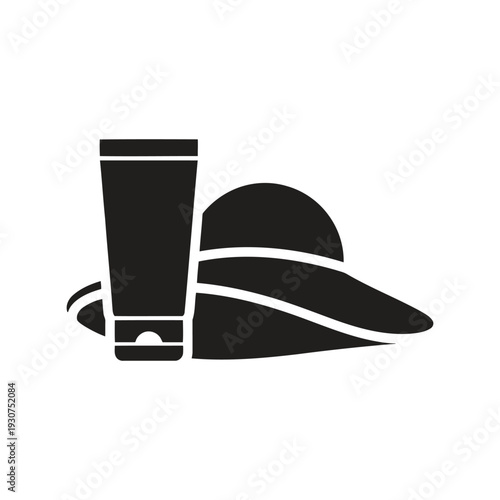 Summer hat and sunscreen tube silhouette vector for sun protection and beach safety icons