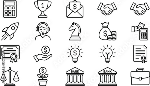 Business Finance and Investment Line Icons Set with Banking, Startup Growth, Partnership, Innovation, Money Management and Corporate Success Concepts