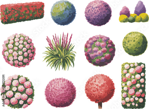 Collection of twelve stylized ornamental plants and topiary illustrations with diverse shapes, colors, and textures, perfect for gardening, landscaping, and decorative digital design projects