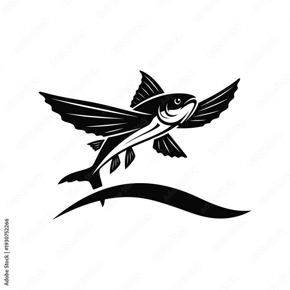 Obraz premium Flying fish vector silhouette illustration isolated on white for logo, label, or seafood design
