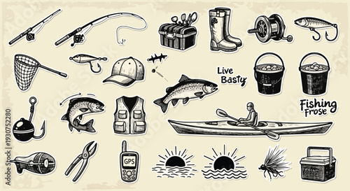 Vintage Hand-Drawn Fishing Equipment and Outdoor Recreation Icons Set. Classic Engraving Style Elements for Angling Hobbies and Sport.