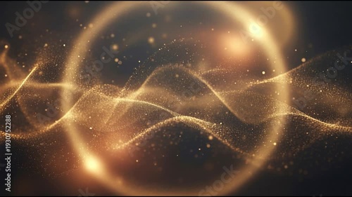 Golden dust waves forming smooth ribbon like layers drifting calmly across a dark cinematic space with flowing motion warm light and soft atmospheric depth