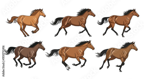 Illustration of brown horses in various galloping and rearing poses