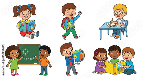 Diverse group of children engaged in various learning activities