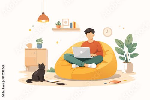 Man Working From Home on Laptop, Beanbag Chair, Cat, Remote Work Concept