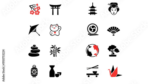 Japanese culture icons set with traditional symbols