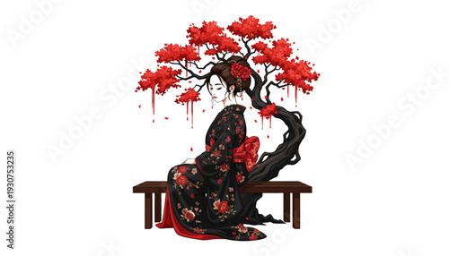 Elegant geisha sitting under blooming cherry blossom tree