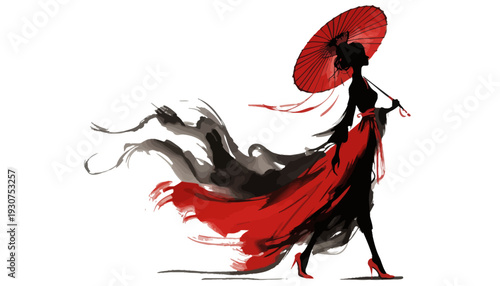 Elegant woman in red dress holding umbrella walking with flowing skirt