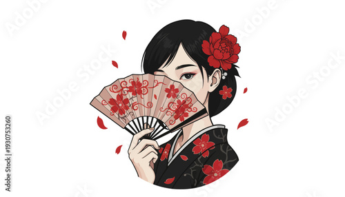 Geisha holding fan with cherry blossom flowers in hair