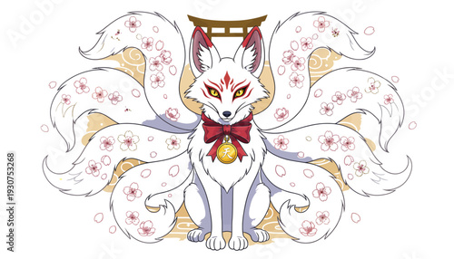 Majestic nine-tailed fox spirit with cherry blossoms and torii gate