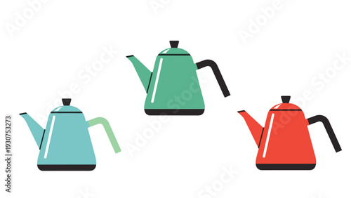 Three colorful enamel coffee pots in red, turquoise, and green colors arranged artistically on a white background for kitchen decor themes.