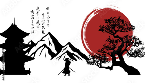 Samurai standing before Japanese temple and mountain range at sunset