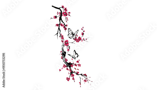 Delicate cherry blossom branch with butterflies in flight