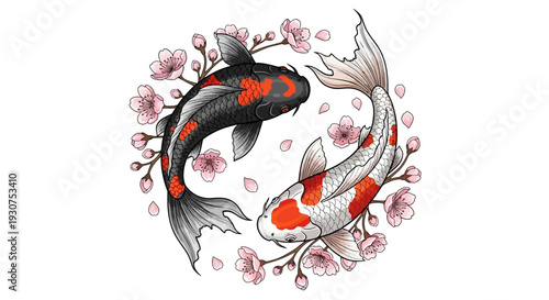 Vibrant koi fish swim surrounded by delicate cherry blossoms
