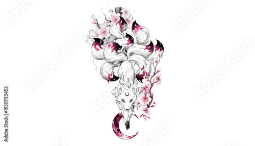 Stunning white fox with pink cherry blossoms in elegant illustration
