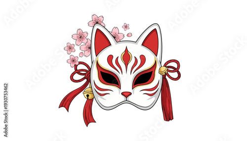Vibrant Japanese fox mask with cherry blossoms and red ribbons