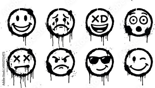 Graffiti emojis collection, vector set of expressive faces featuring liquid paint drips and artistic spray paint splatter effects.