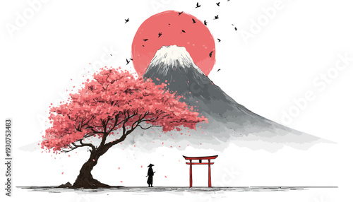Serene samurai standing under blooming cherry tree by torii gate