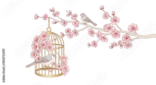 Birds and cherry blossoms symbolize freedom and beauty in nature