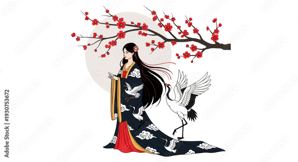 Obraz premium Elegant woman in traditional Japanese kimono with cranes and cherry blossoms