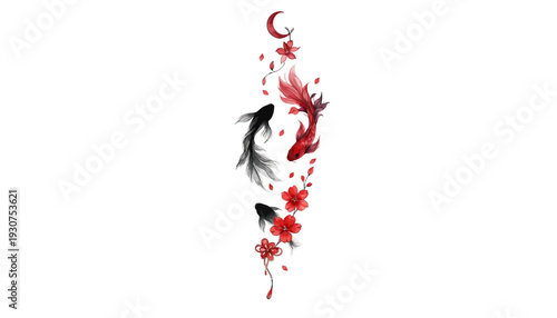 Koi fish swim amidst falling cherry blossoms and crescent moon